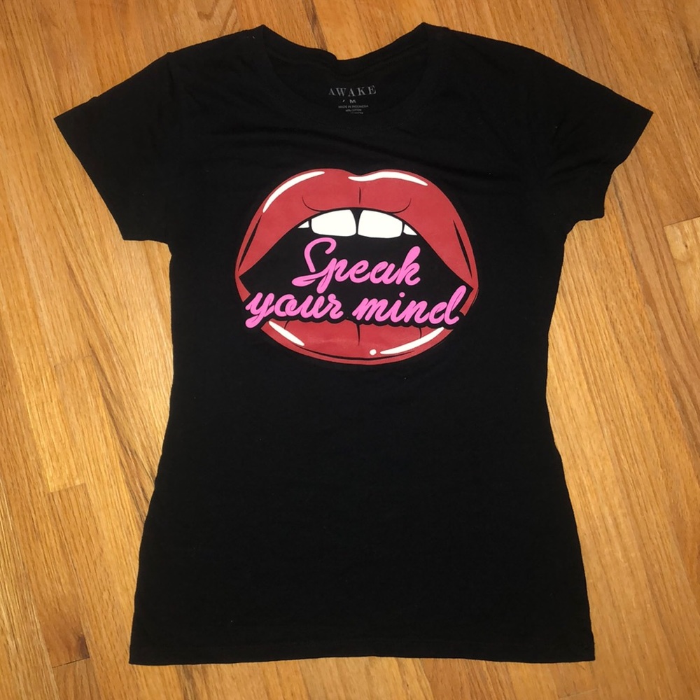 Black T-shirt with “speak your mind” print